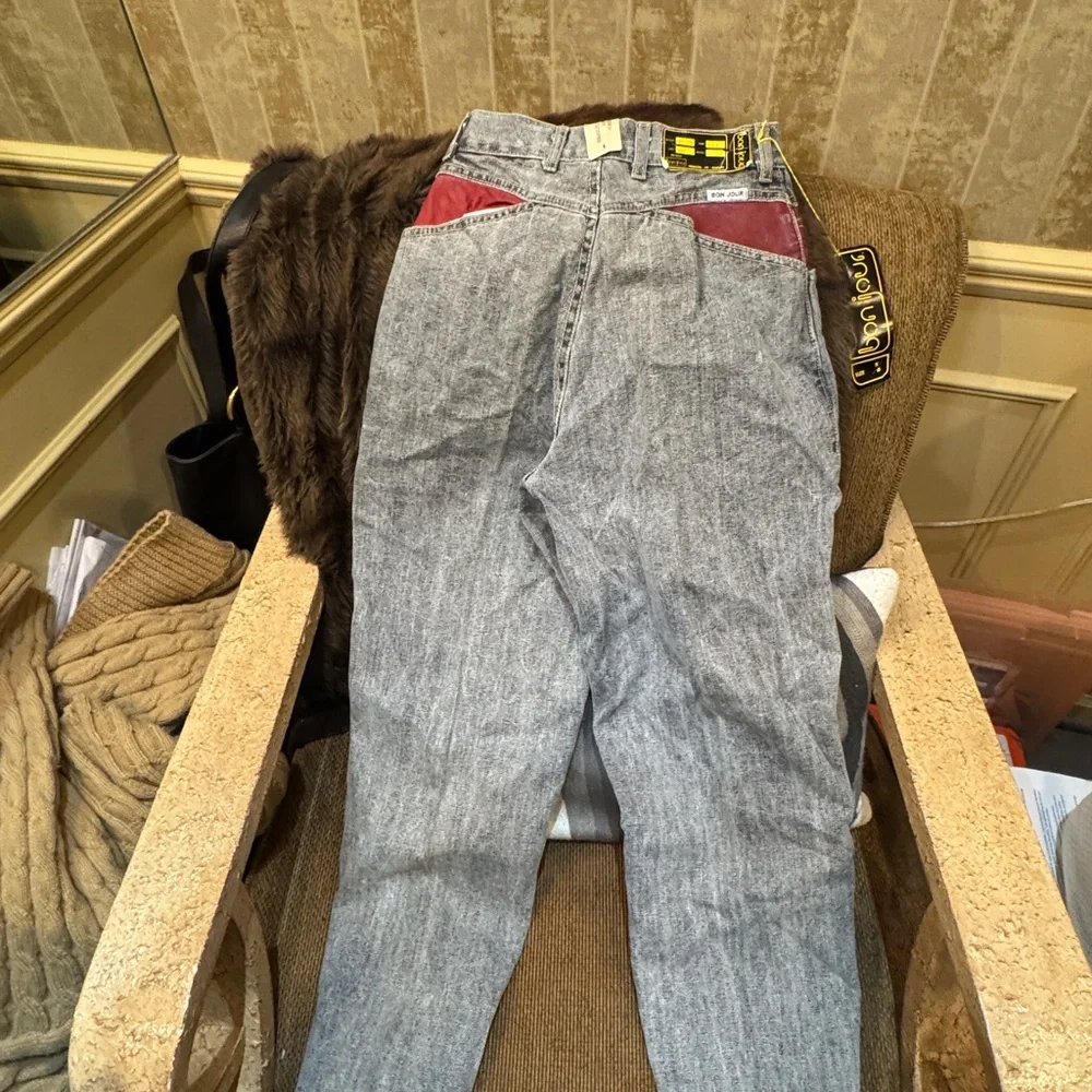 Womens Bon‎ Jour 1980’s  Blue and Red leather Trim Jeans size size 5:6